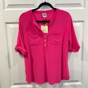 Anne Klein Button Front Blouse Pink Size Medium NWT Jersey Knit Cuff Sleeve Top